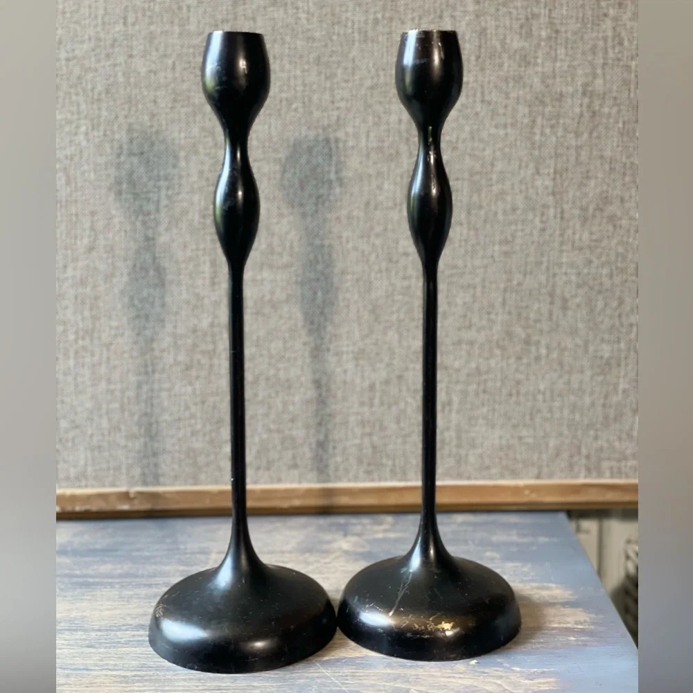 Crate & Barrel black metal primitive taper candlestick holders